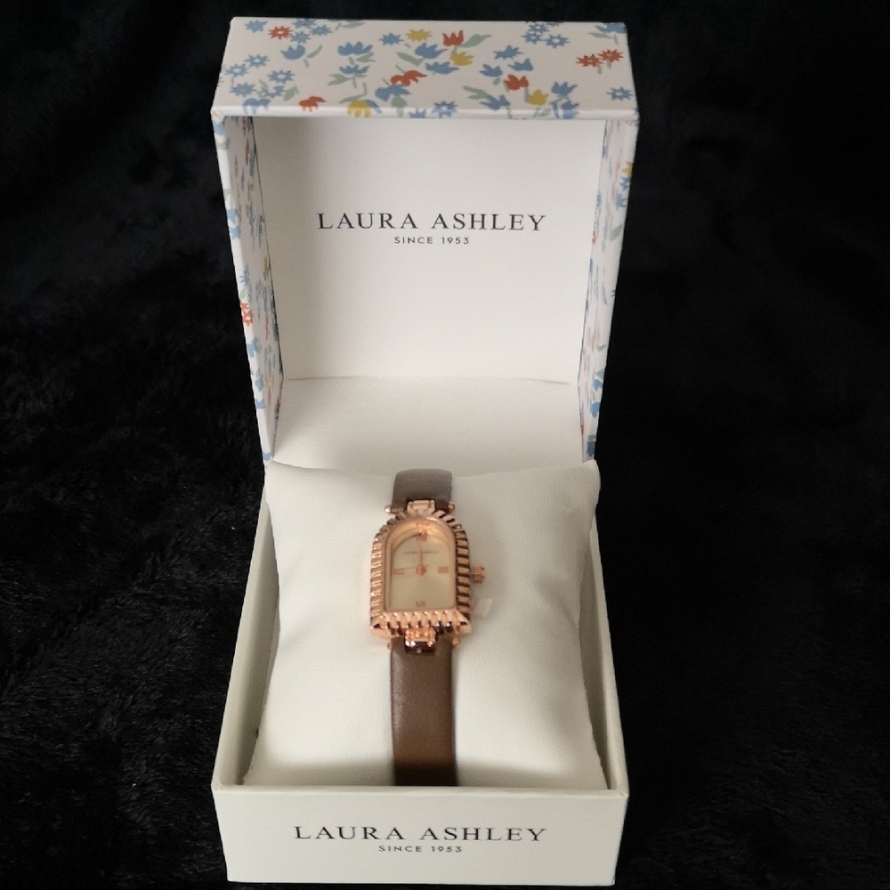 NWT Laura Ashley Archway with Brown Strap Rose Gold Women's Watch, Art Deco
